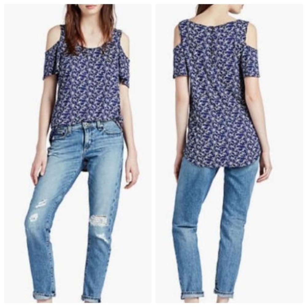 Lucky Brand Floral Cold Shoulder Top Navy Short Sleeve Size S Stretch New